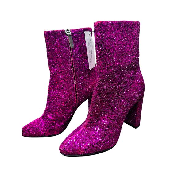 NEW SAINT LAURENT Fuchsia Pink Glitter Heeled Side Zip Bootie size 36.5 US 6.5 - Picture 2 of 14